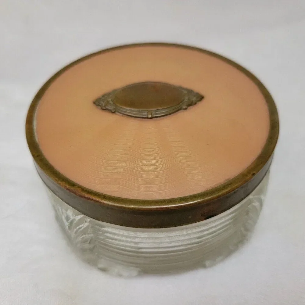 Powder Jar glass w/lid Art Deco MCM brass bronze antique raised vintage EUC